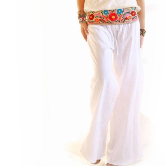 Wide leg Pants Belt Embroidered Mexico Boho Chic